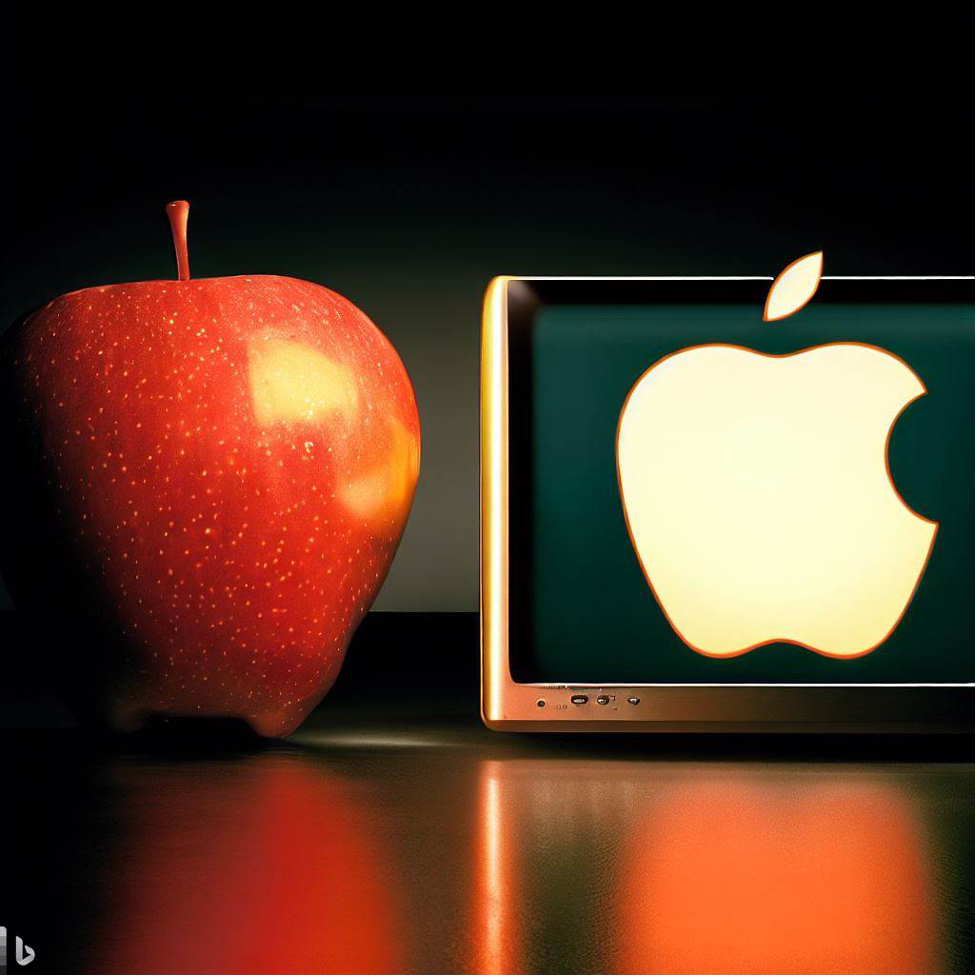 A real apple next to the Apple logo on a computer