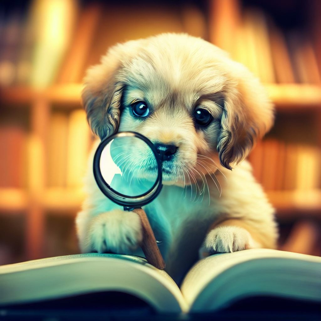 Photo of a puppy with a magnifying glass