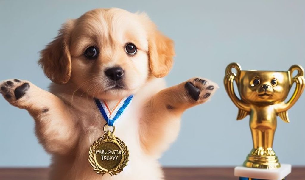 Puppy with a participation trophy