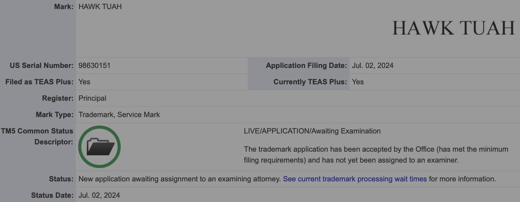 Hawk Tuah Trademark Application